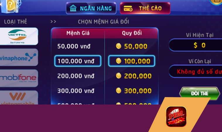 Cách vào Pem789 nạp tiền qua thẻ cào